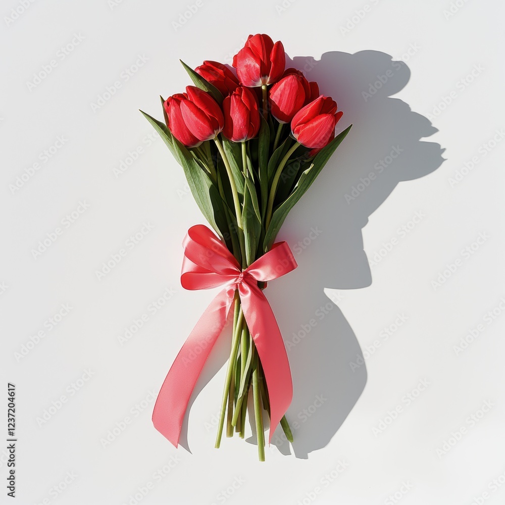 A bouquet of red tulips tied with a pink ribbon, placed on a bright white background for Saint Valentines Day A bouquet of red tulips tied with a pink ribbon, placed on a bright white background for Saint Valentines Day