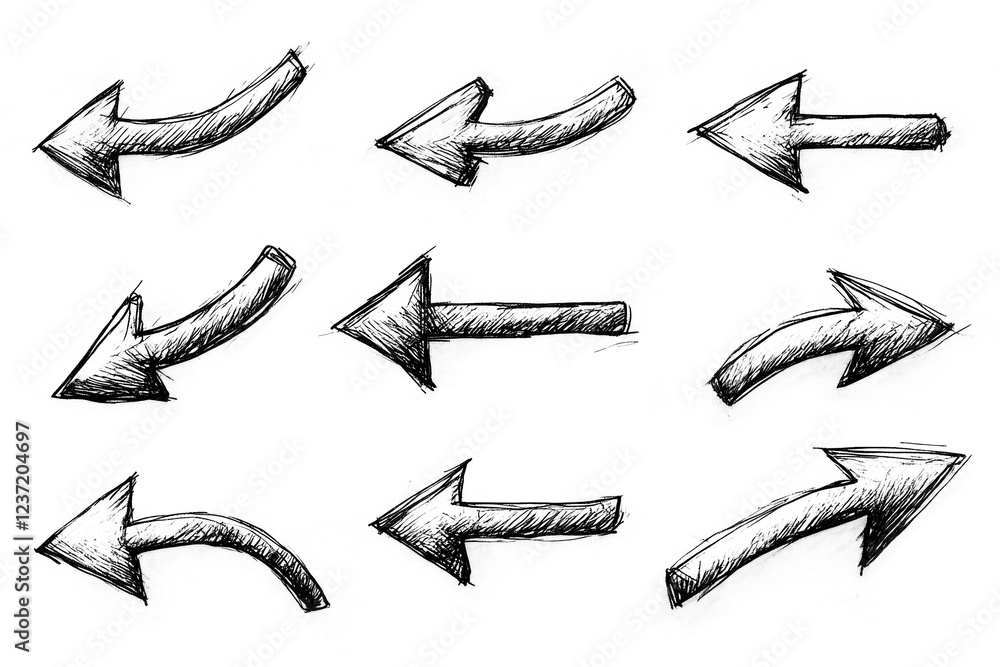 Hand-drawn arrows different directions and styles, forming diverse collection of graphic elements. design set includes curved, straight, thick, thin arrows, ideal for creative and illustrative project Hand-drawn arrows different directions and styles, forming diverse collection of graphic elements. design set includes curved, straight, thick, thin arrows, ideal for creative and illustrative project