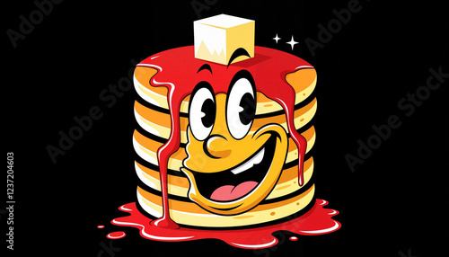 Smiling pancake stack with syrup and butter on black background