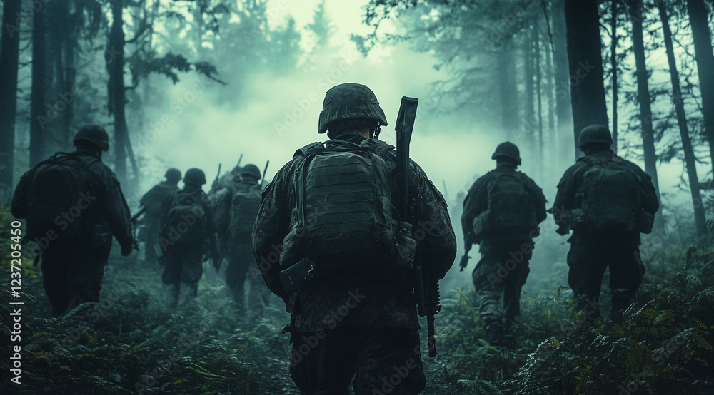 A group of soldiers in camouflage gear and helmets, armed with rifles, are walking through a misty forest. The scene is atmospheric, with dense trees and fog creating a sense of tension and mystery. A group of soldiers in camouflage gear and helmets, armed with rifles, are walking through a misty forest. The scene is atmospheric, with dense trees and fog creating a sense of tension and mystery.