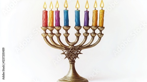 Colorful candle holder for the Hanukkah festival, with a golden base and illuminated candles representing religious symbols. photo