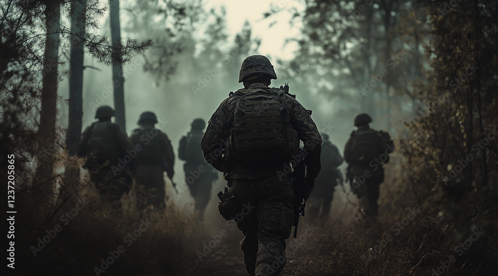 A group of soldiers in camouflage gear and helmets, armed with rifles, are walking through a misty forest. The scene is atmospheric, with dense trees and fog creating a sense of tension and mystery. A group of soldiers in camouflage gear and helmets, armed with rifles, are walking through a misty forest. The scene is atmospheric, with dense trees and fog creating a sense of tension and mystery.