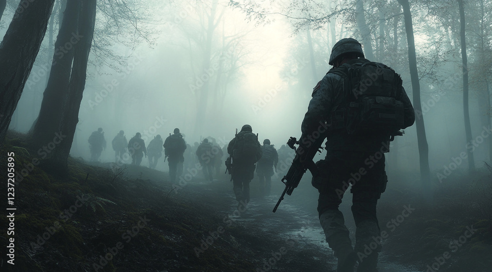 A group of soldiers in camouflage gear and helmets, armed with rifles, are walking through a misty forest. The scene is atmospheric, with dense trees and fog creating a sense of tension and mystery. A group of soldiers in camouflage gear and helmets, armed with rifles, are walking through a misty forest. The scene is atmospheric, with dense trees and fog creating a sense of tension and mystery.