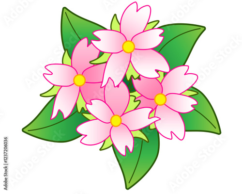 Pink inflorescence with leaves around. Bouquet of pink flowers and green leaves - vector picture.	
