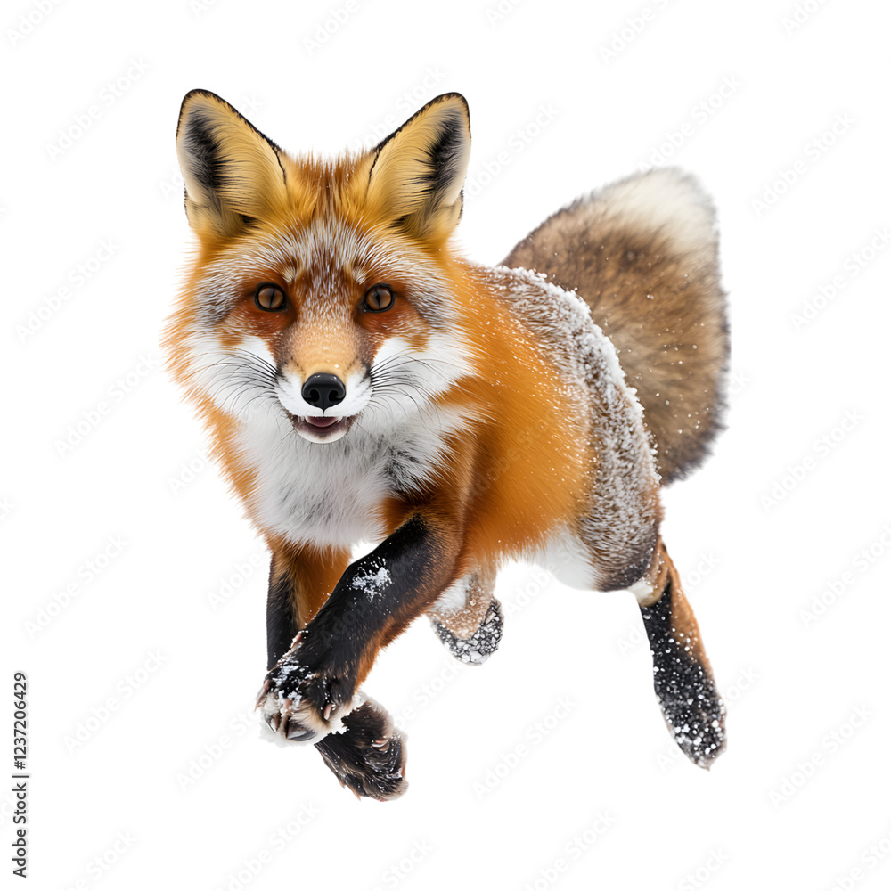 Fototapeta premium Playful Fox Jumping into Fresh Snow Isolated on Transparent Background