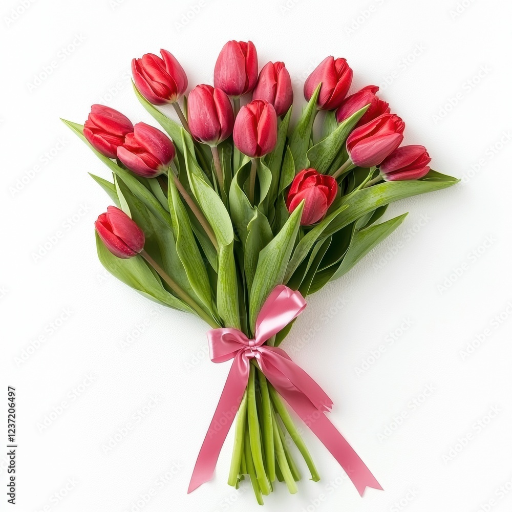 A bouquet of red tulips tied with a pink ribbon, isolated on white background for Saint Valentines Day A bouquet of red tulips tied with a pink ribbon, isolated on white background for Saint Valentines Day
