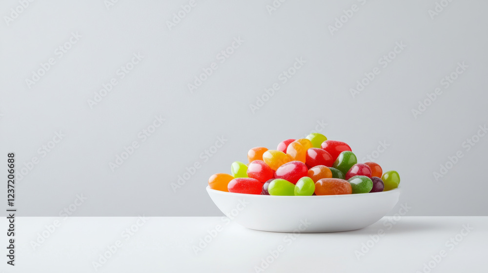 Vibrant jelly beans in white bowl on table with neutral background. Concept of colorful treats, candy assortment, sweet indulgence, playful designs. Copy space Vibrant jelly beans in white bowl on table with neutral background. Concept of colorful treats, candy assortment, sweet indulgence, playful designs. Copy space