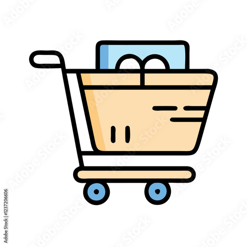 Shopping cart icon with blue and beige colors representing retail and consumerism in a dynamic design