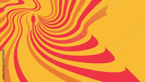 A vibrant vector background features swirling red and yellow patterns with a solitary figure standing amidst the dynamic flow, providing a sense of movement and intrigue