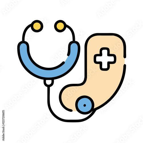Stethoscope icon with blue and beige colors representing healthcare and medical examination in a professional design