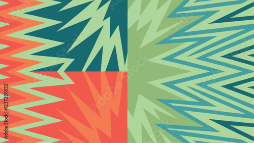 This artwork features a striking vector background with energetic zigzag shapes in orange, blue, and teal, evoking a sense of movement and vibrancy in design