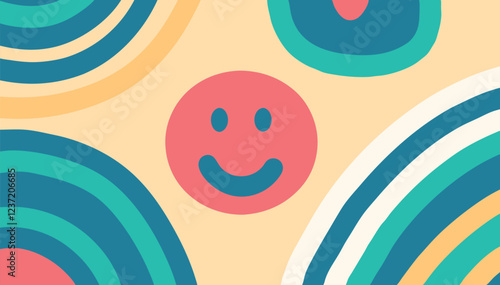 This vibrant vector background features playful smiling faces and flowing abstract shapes, ideal for design projects focused on positivity and joy