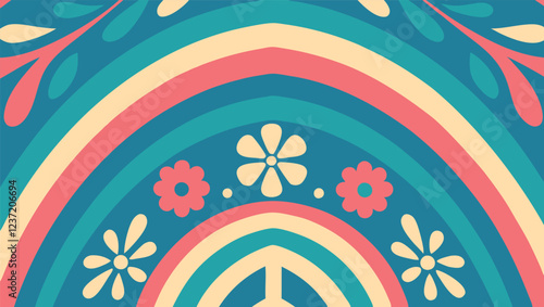 This design features a colorful abstract background filled with rainbow arcs and floral patterns. Soft pastel colors create a lively and cheerful aesthetic.