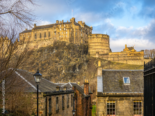 Edinburgh Castle view from Vennel Viewpoint at early winter morning photo