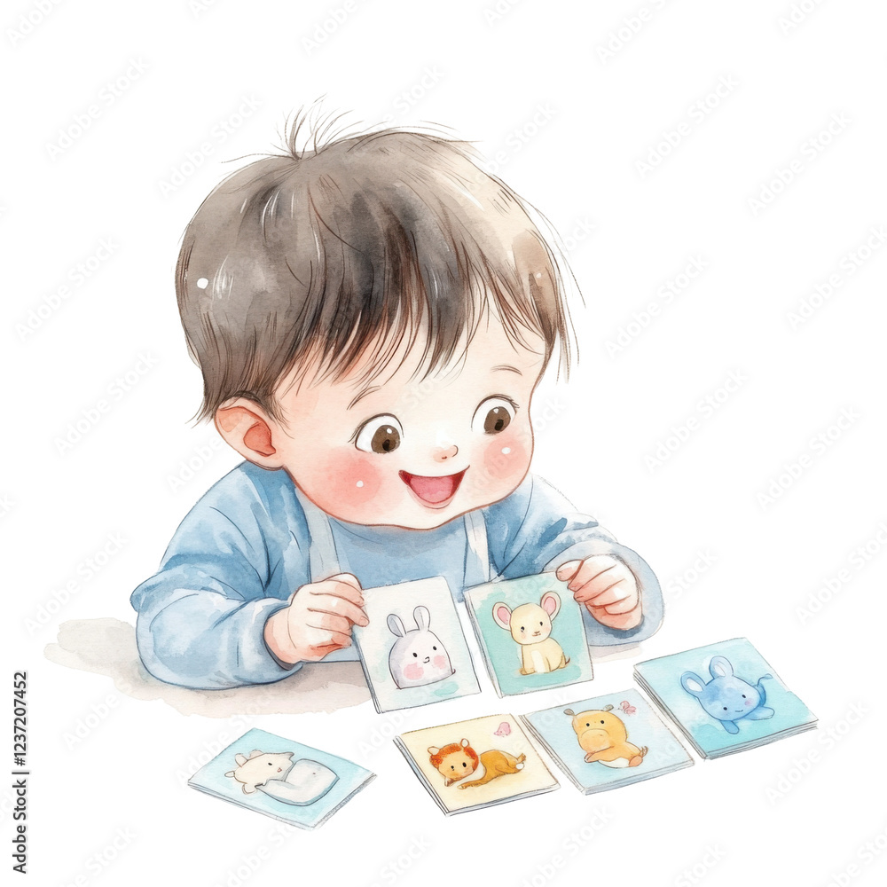 Asian child playing with animal cards - cute illustration of young boy learning isolated png Asian child playing with animal cards - cute illustration of young boy learning isolated png