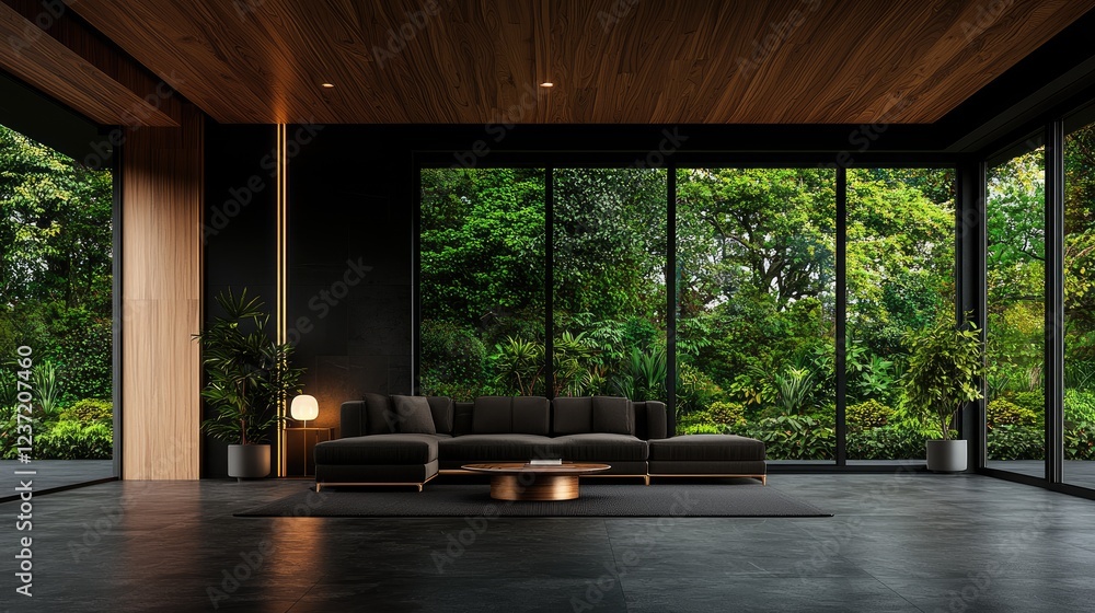 Fototapeta premium Modern dark living room, lush garden view, relaxing interior design, home decor