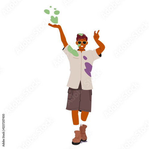 Cool overjoyed preteen boy cartoon character celebrating Holy festival spiritual Indian heritage