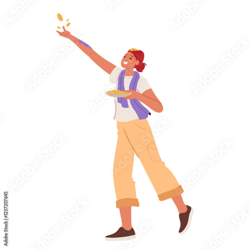 Happy overjoyed young woman cartoon character throwing colored dust in air enjoying Holi festival