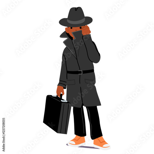 Serious boy kid detective cartoon character wearing secret agent trendy outfit vector illustration