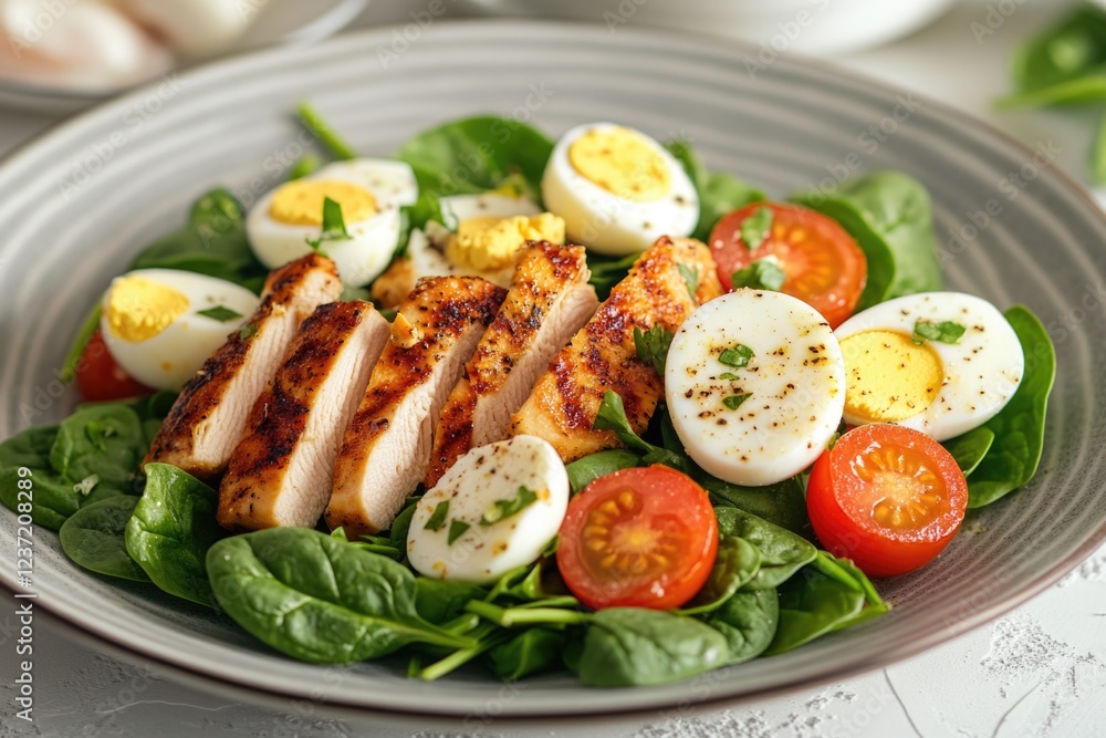 A plate of food with a salad and chicken. The salad is topped with tomatoes and eggs. The plate is on a white table A plate of food with a salad and chicken. The salad is topped with tomatoes and eggs. The plate is on a white table