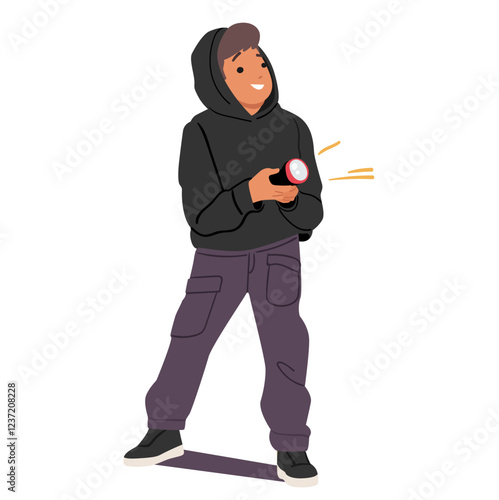 Teen boy cartoon character playing spy game holding flashlight in hands looking for something