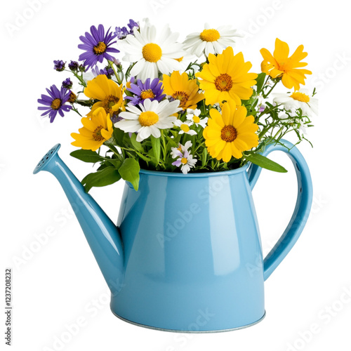 Wallpaper Mural Blue Watering Can with Wildflowers - Ideal for Gardening Blogs and Nature Websites Torontodigital.ca