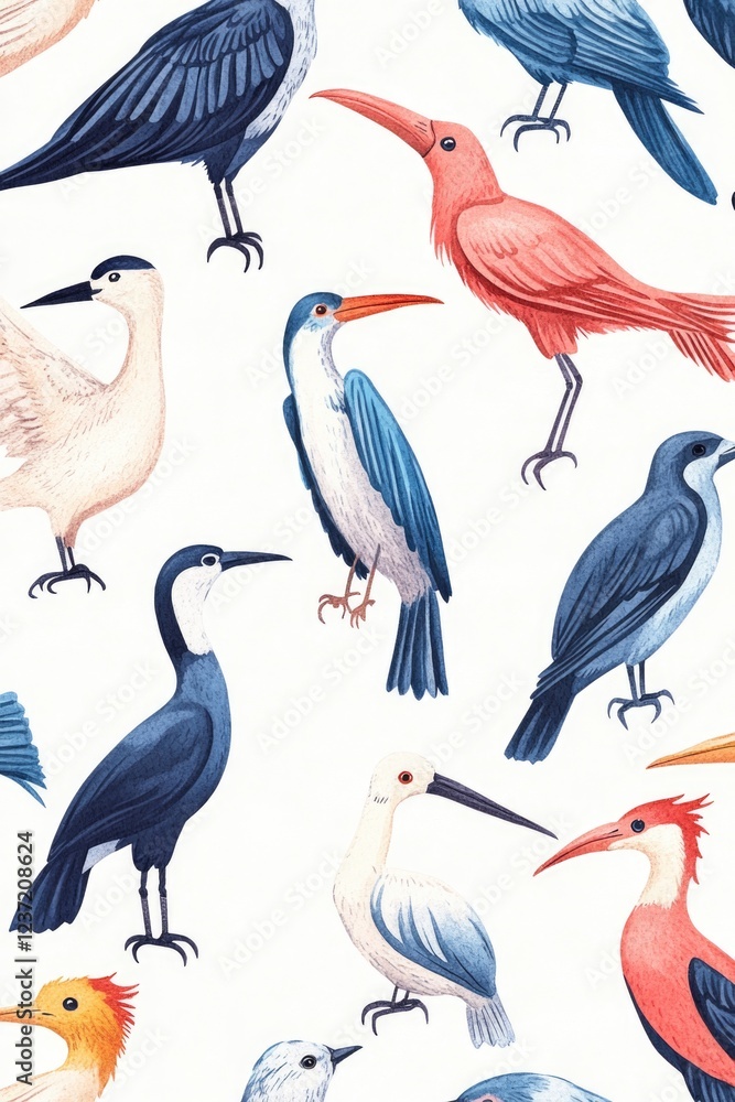 Obraz premium Variety of colorful birds in flight pattern on light grey background for fabric or wallpaper