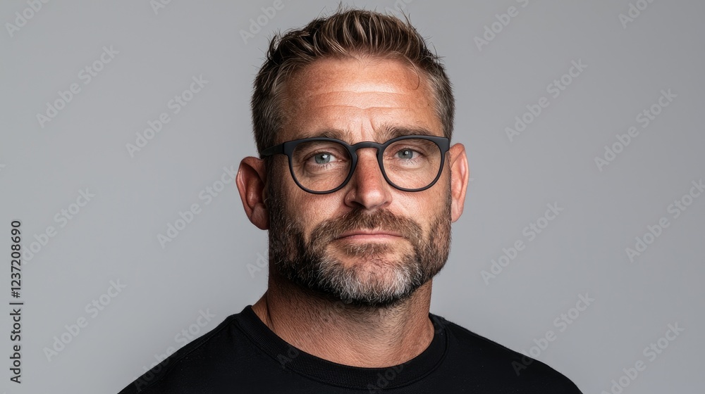 Man with glasses, serious expression, grey background, headshot portrait Man with glasses, serious expression, grey background, headshot portrait