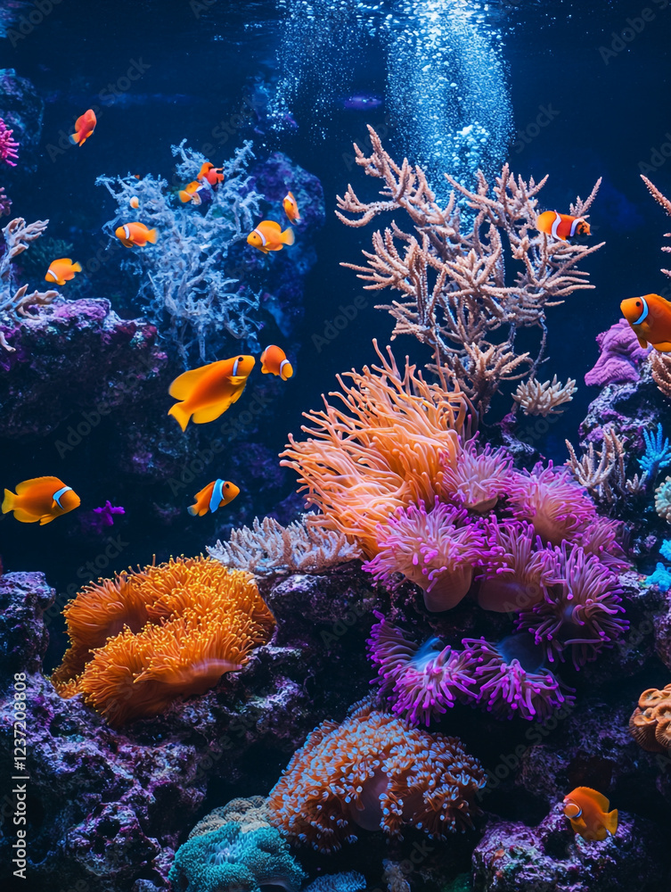 Fototapeta premium A vibrant underwater scene featuring colorful coral reefs, various species of fish including clownfish, and anemones, showcasing the diversity and beauty of marine life.