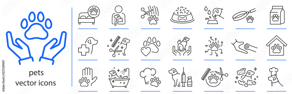 pets care icons, icon set of dog, cat, pet friendly simple symbols, linear vector illustration, outline editable stroke pets care icons, icon set of dog, cat, pet friendly simple symbols, linear vector illustration, outline editable stroke