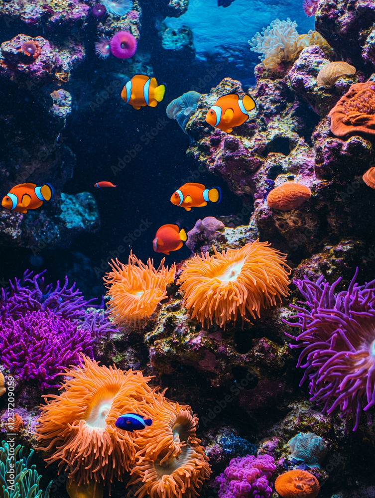 Obraz premium A vibrant underwater scene featuring colorful coral reefs, various species of fish including clownfish, and anemones, showcasing the diversity and beauty of marine life.