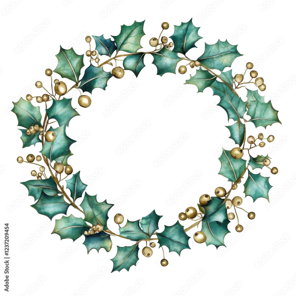 Fototapeta premium Festive christmas wreath with green holly leaves and gold berries on transparent background isolated png