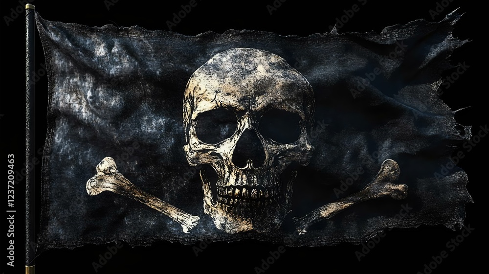Naklejka premium A weathered pirate flag featuring a skull and crossbones design. Ideal for nautical themes and adventure concepts.