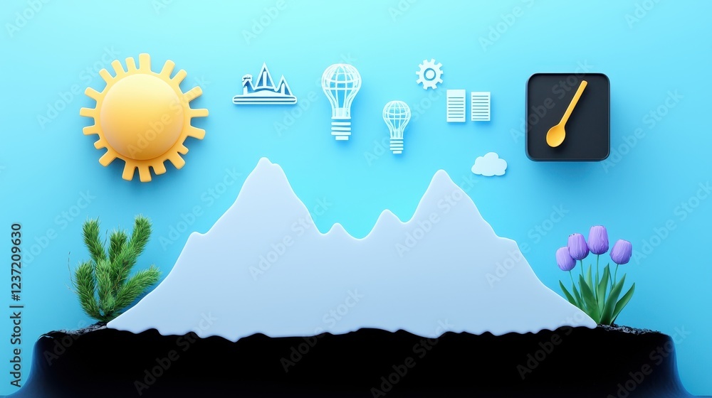 Fototapeta premium Colorful 3D Landscape with Sun and Icons