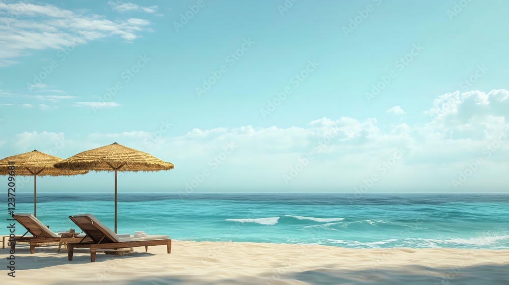 Relaxing beach scene with two lounge chairs under umbrellas, soft sand, and a tranquil ocean view. Perfect for vacations and tropical getaways. Relaxing beach scene with two lounge chairs under umbrellas, soft sand, and a tranquil ocean view. Perfect for vacations and tropical getaways.