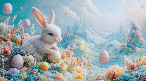 Surreal Easter bunny, dreamlike landscape, floating eggs, pastel colors, fantasy art, ethereal and mysterious photo