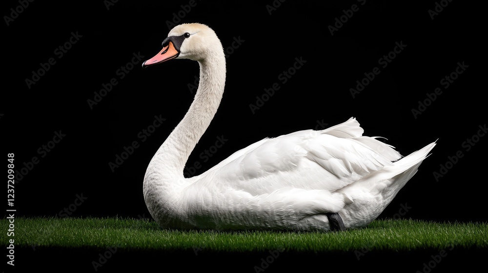 Elegant swan resting on grass, black background, nature Elegant swan resting on grass, black background, nature