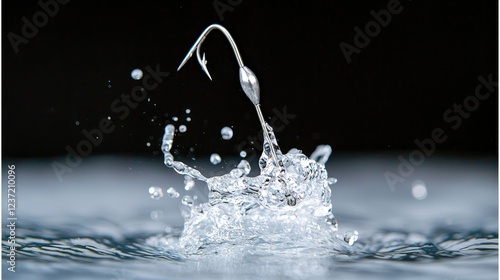 Fishing hook splash, water impact, dark background, close-up photo