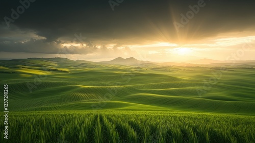 Sunset over rolling green hills, dramatic sky. Landscapes use