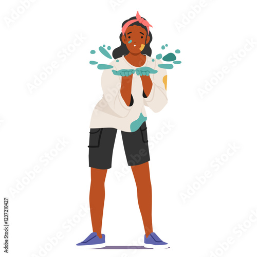 Cheerful woman cartoon character blowing color paint dust from palms participating Holi festival