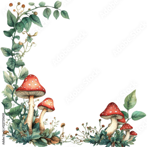 Vintage botanical frame with red mushrooms and greenery isolated png