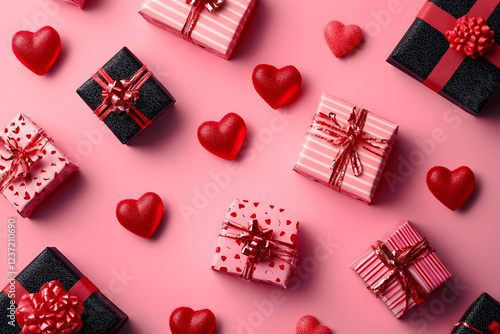 Valentine's Day pink background with stylish gift boxes and red hearts. Flat lay, top view, copy space.