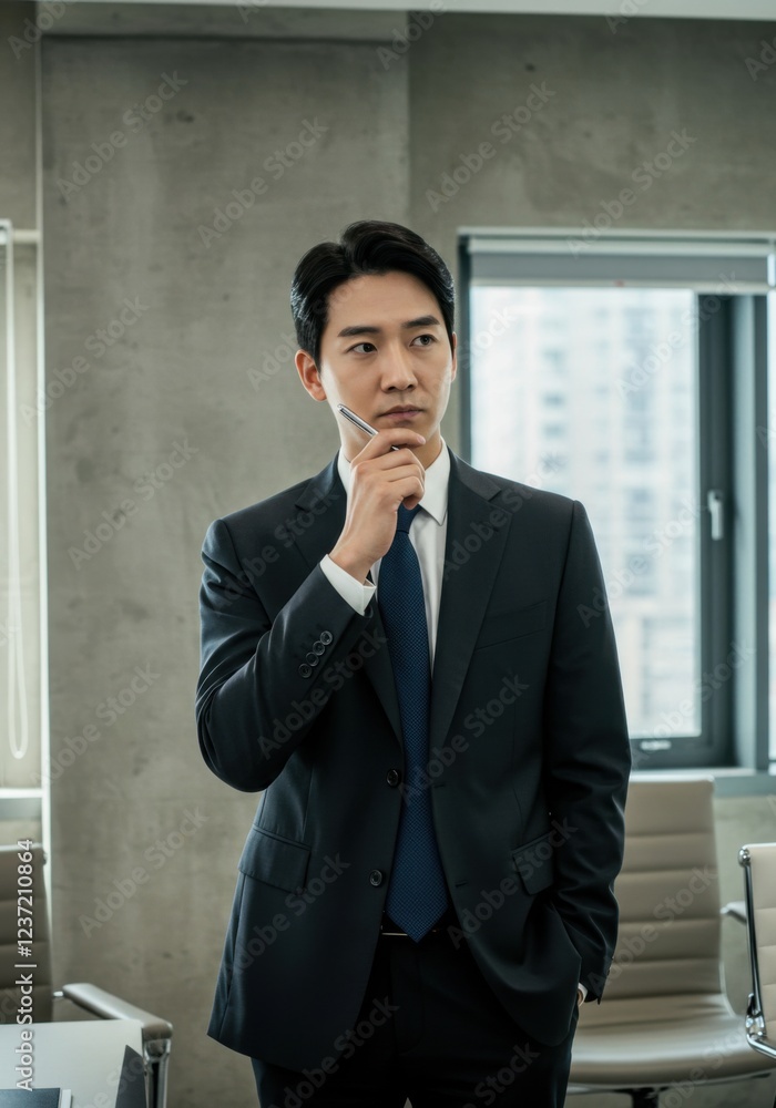 Entrepreneurial leader holding a pen while considering future projects.