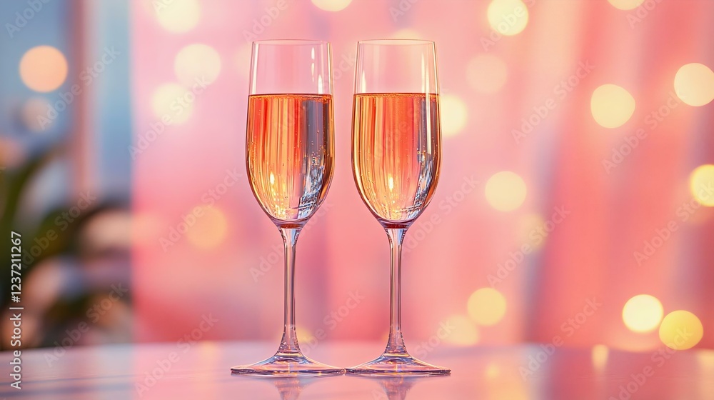 Two elegant champagne glasses filled with sparkling drink, set against a beautifully blurred background of warm lights, perfect for celebrations. Two elegant champagne glasses filled with sparkling drink, set against a beautifully blurred background of warm lights, perfect for celebrations.