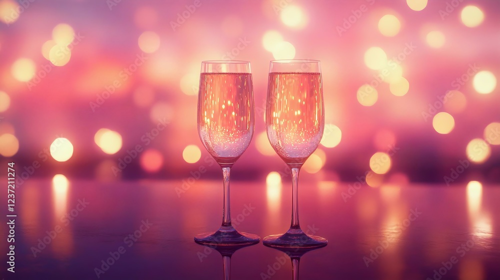 Two elegant champagne flutes filled with sparkling drink, set against a dreamy bokeh background, perfect for celebration and festive occasions. Two elegant champagne flutes filled with sparkling drink, set against a dreamy bokeh background, perfect for celebration and festive occasions.