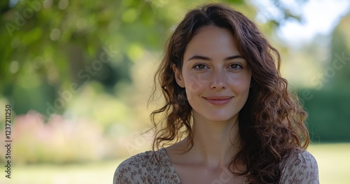 Smiling Woman with Curly Hair in a Natural Landscape. Generative AI.