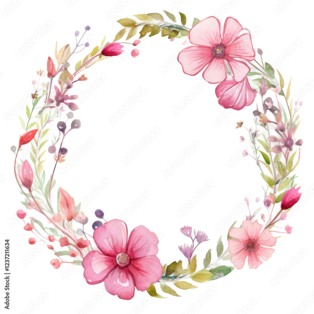Fototapeta premium Watercolor floral wreath with pink flowers and greenery in circular arrangement isolated png
