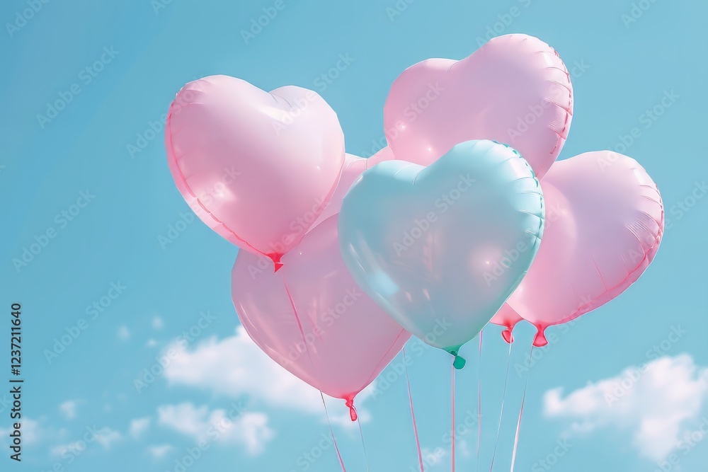 Heart-shaped balloons floating in the sky with a clear blue background Heart-shaped balloons floating in the sky with a clear blue background