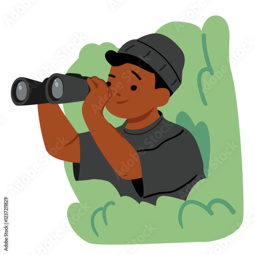 Little boy child cartoon character looking through binocular playing spy game hiding behind bushes