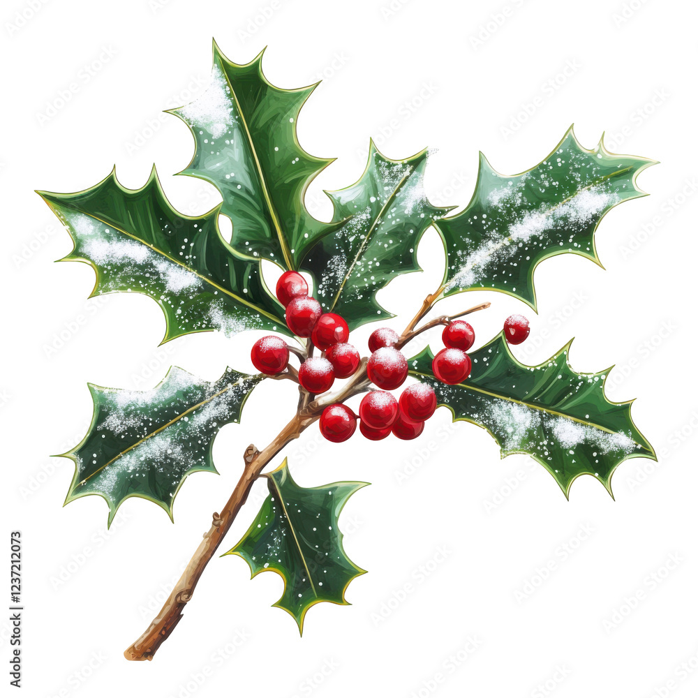 Festive holly branch with green leaves and red berries covered in snowflakes isolated png Festive holly branch with green leaves and red berries covered in snowflakes isolated png